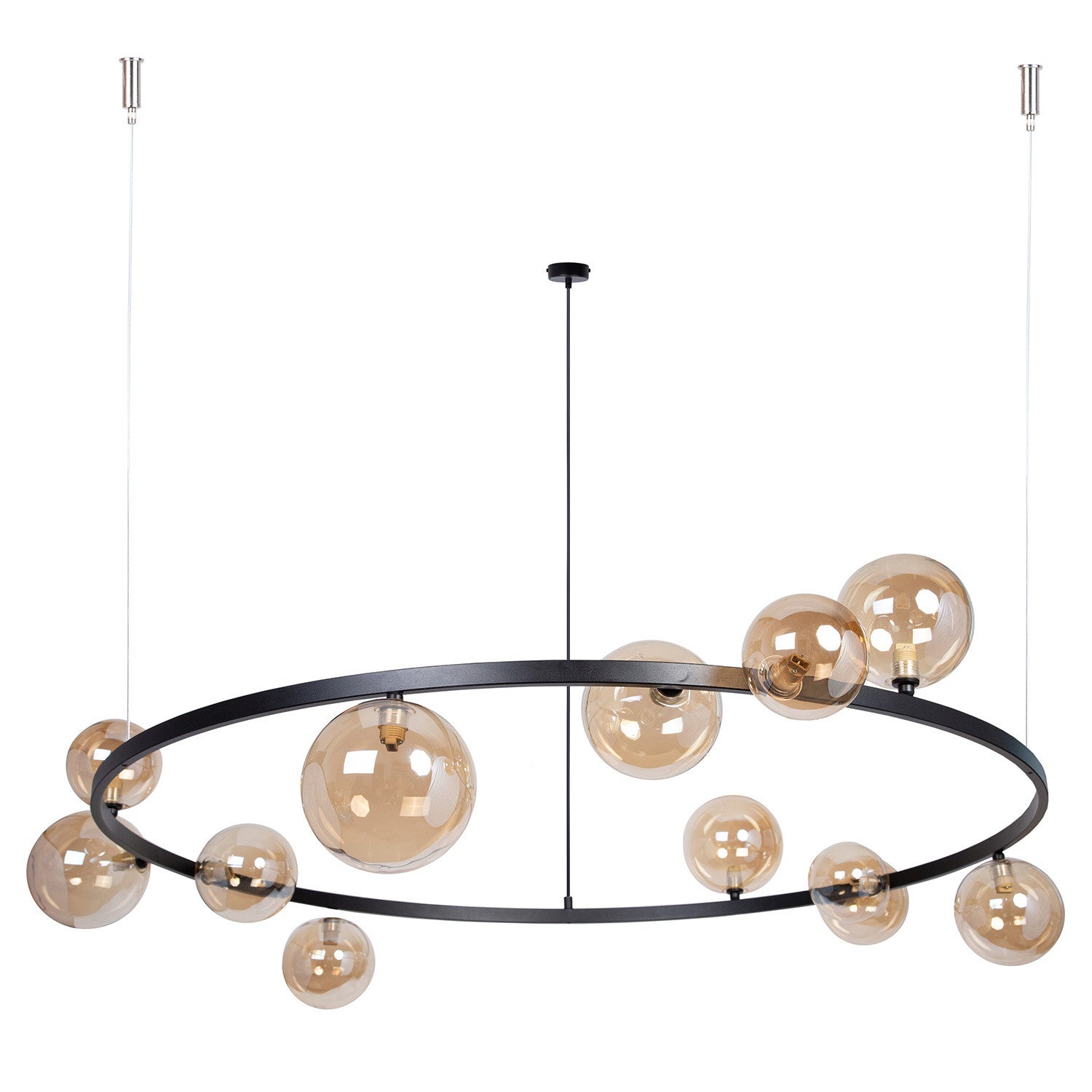 Lampa wisząca żyrandol czarny ring szklane bursztynowe kule do salonu 12xG9 12W BOLERO Sigma Lighting