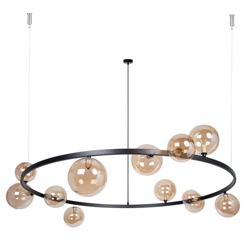 Lampa wisząca żyrandol czarny ring szklane bursztynowe kule do salonu 12xG9 12W BOLERO Sigma Lighting