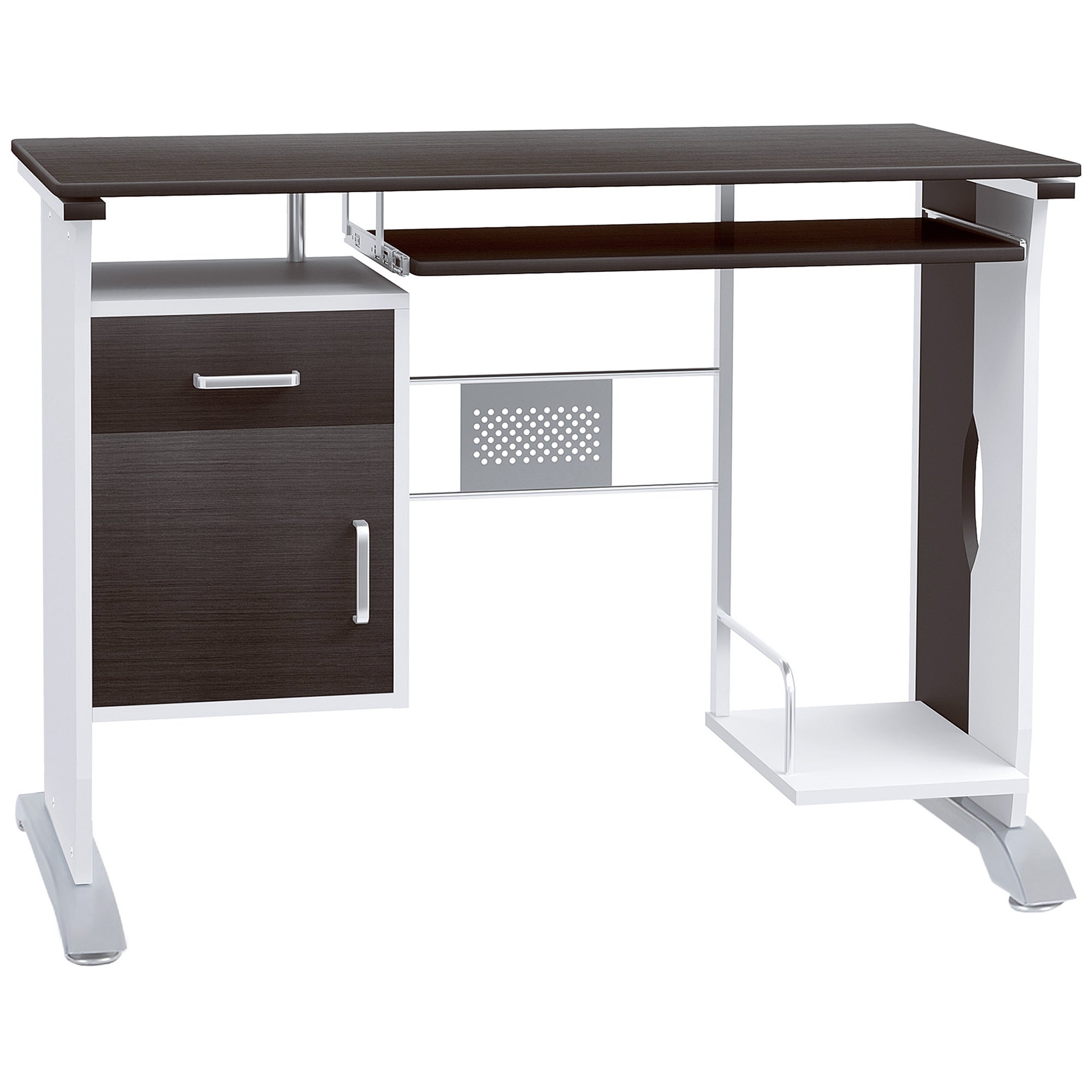 Biurko komputerowe design, drewno i metal stół do pc z szufladami, wysuwana półka na klawiaturę do pokoju, 100x52x75 cm brązowo czarne