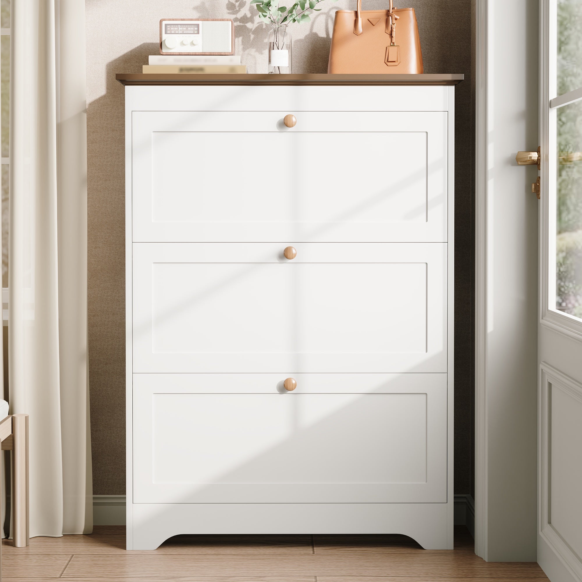 Szafka na buty z 3 drzwiami uchylnymi - 87 x 26 x 120 cm - MDF i okrągłe uchwyty - biała