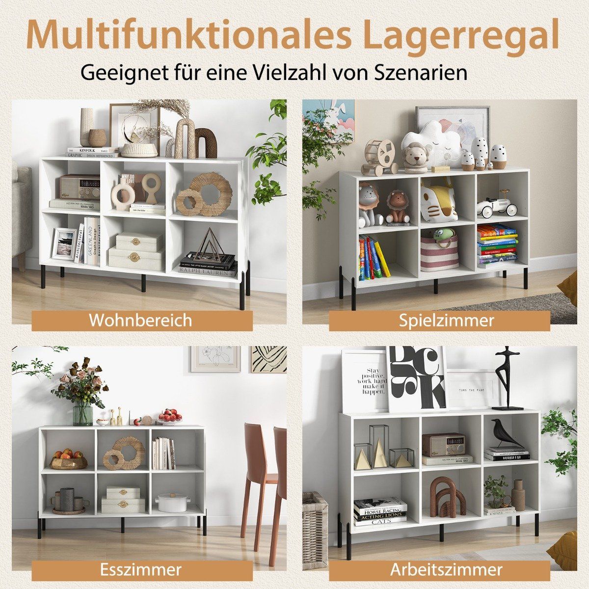Regał z 6 przegródkami, półka stojąca z podniesionymi metalowymi nogami i regulowanymi półkami 120 x 35 x 79,5 cm biały