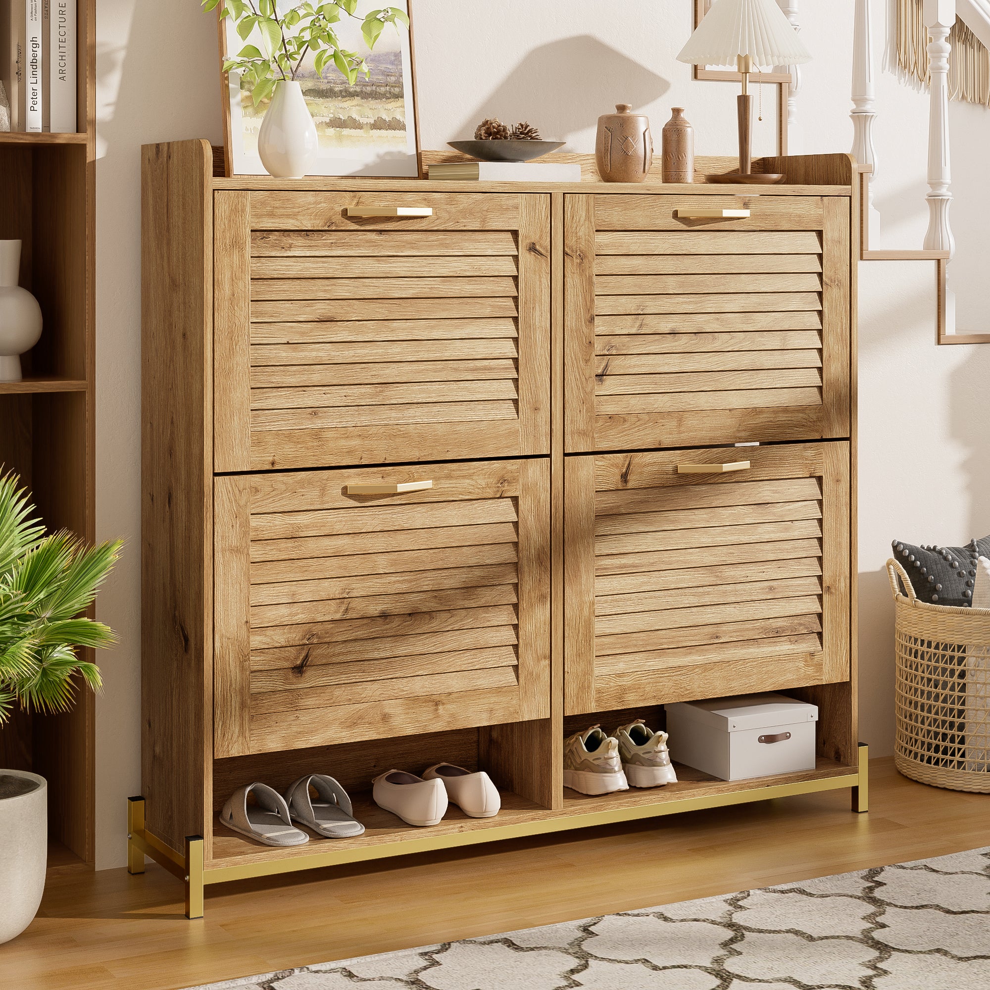 Szafka na buty z 4 drzwiami uchylnymi i 2 przegrodami - 108,5 x 24 x 100 cm - MDF i nogi metalowe - Kolor drewna