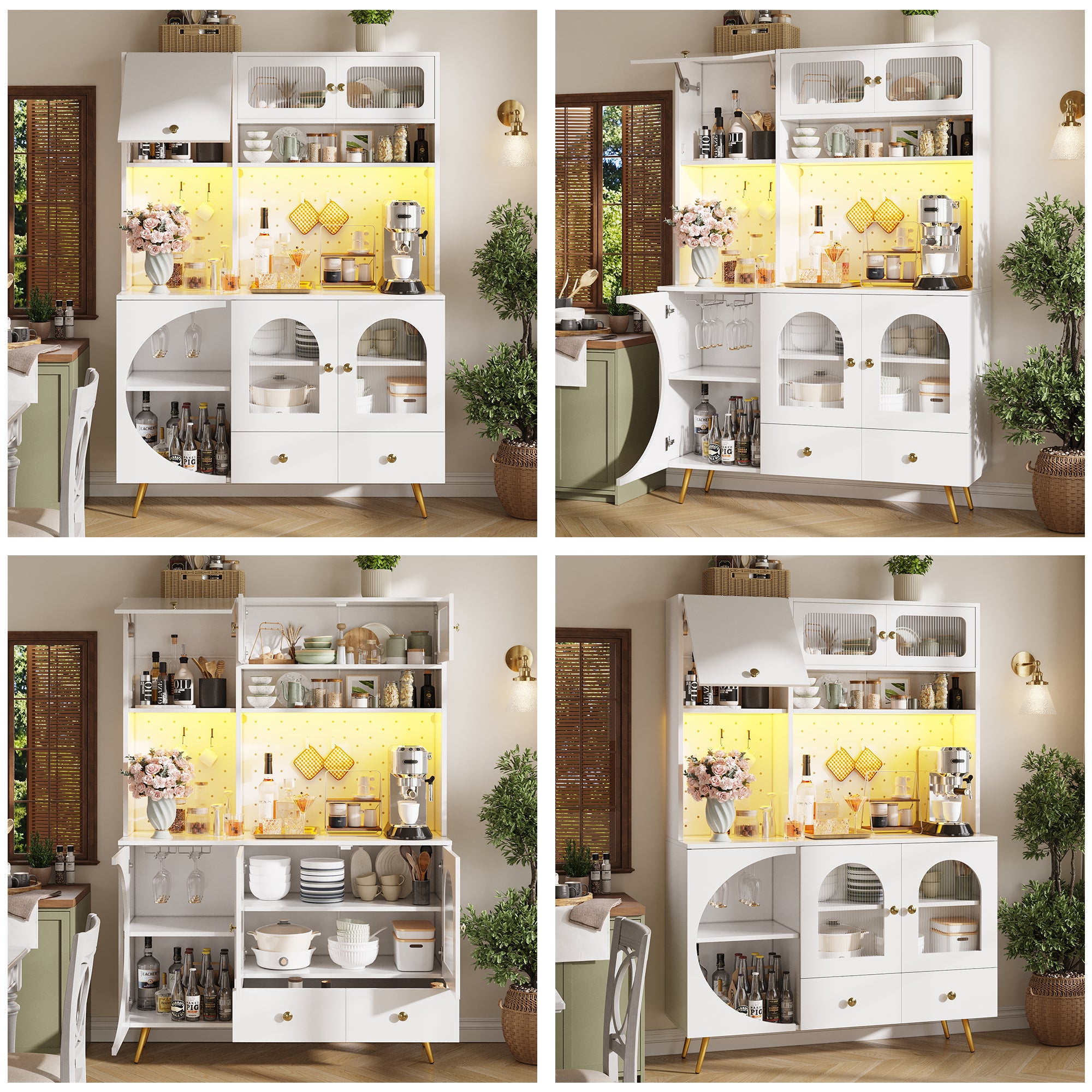 Kredens kuchenny 120 x 40 x 176 cm, z oświetleniem LED, z miejscem do przechowywania, biały, szkło, MDF oraz metal