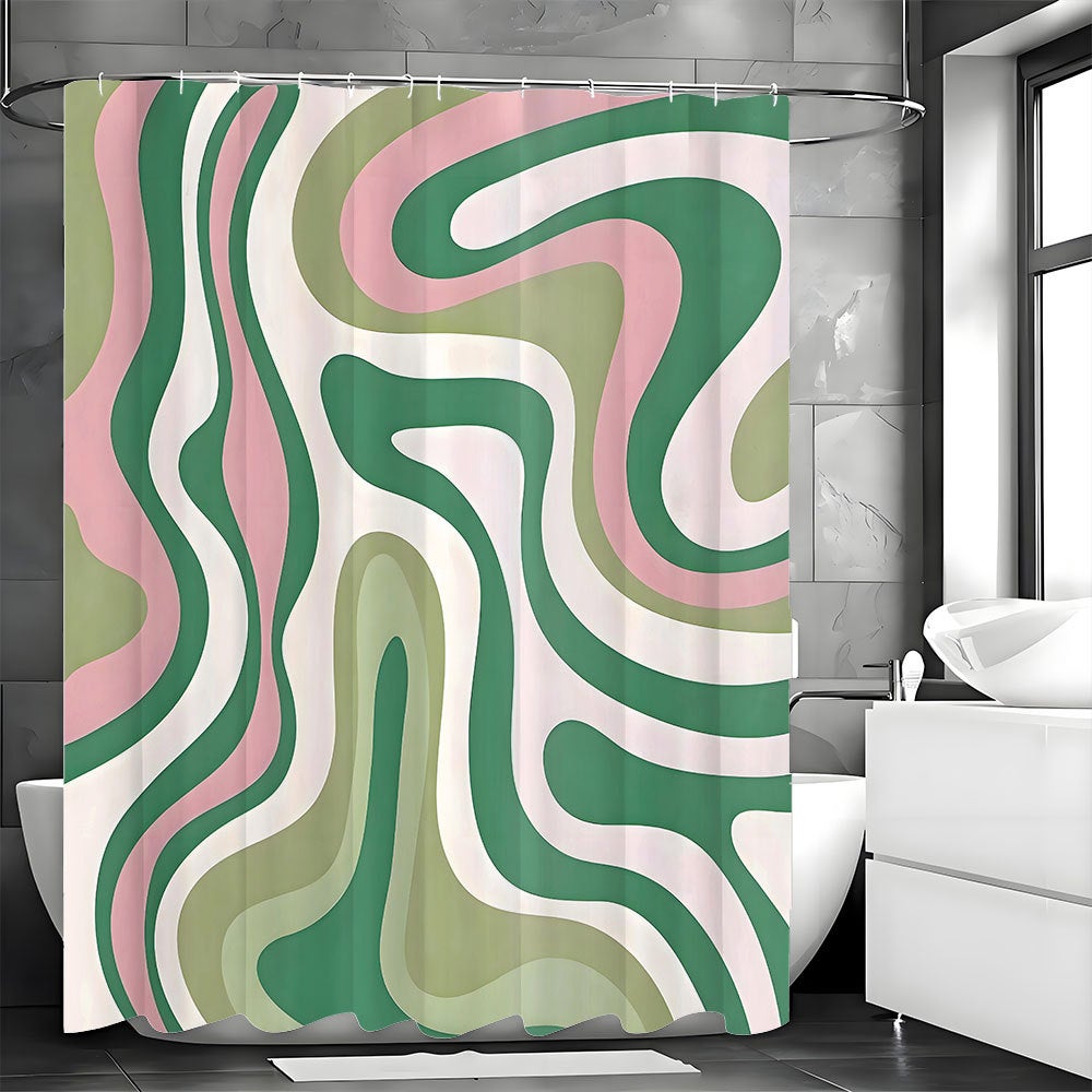 Abstrakcyjna różowo-zielona zasłona prysznicowa 180 x 180 cm (szer. x wys.) - Kolorowy, modny styl boho - Spirala - Nowoczesna estetyka - Styl Y2K - L