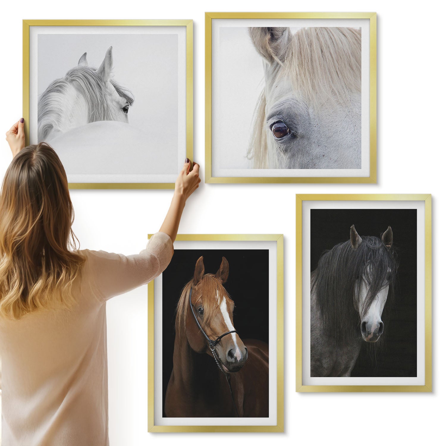 Galeria ścienna 4-częściowy komplet obrazów w złotych ramach - Portrety koni w różnych odcieniach sierści - ArtPrintCave