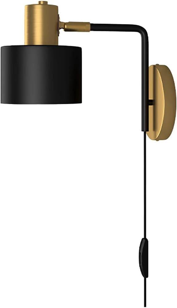 Czarno-złota lampa ścienna E27, regulowana lampa wewnętrzna w stylu vintage industrial do sypialni z wtyczką i kablem 1,8 m, metalowe oświetlenie do s