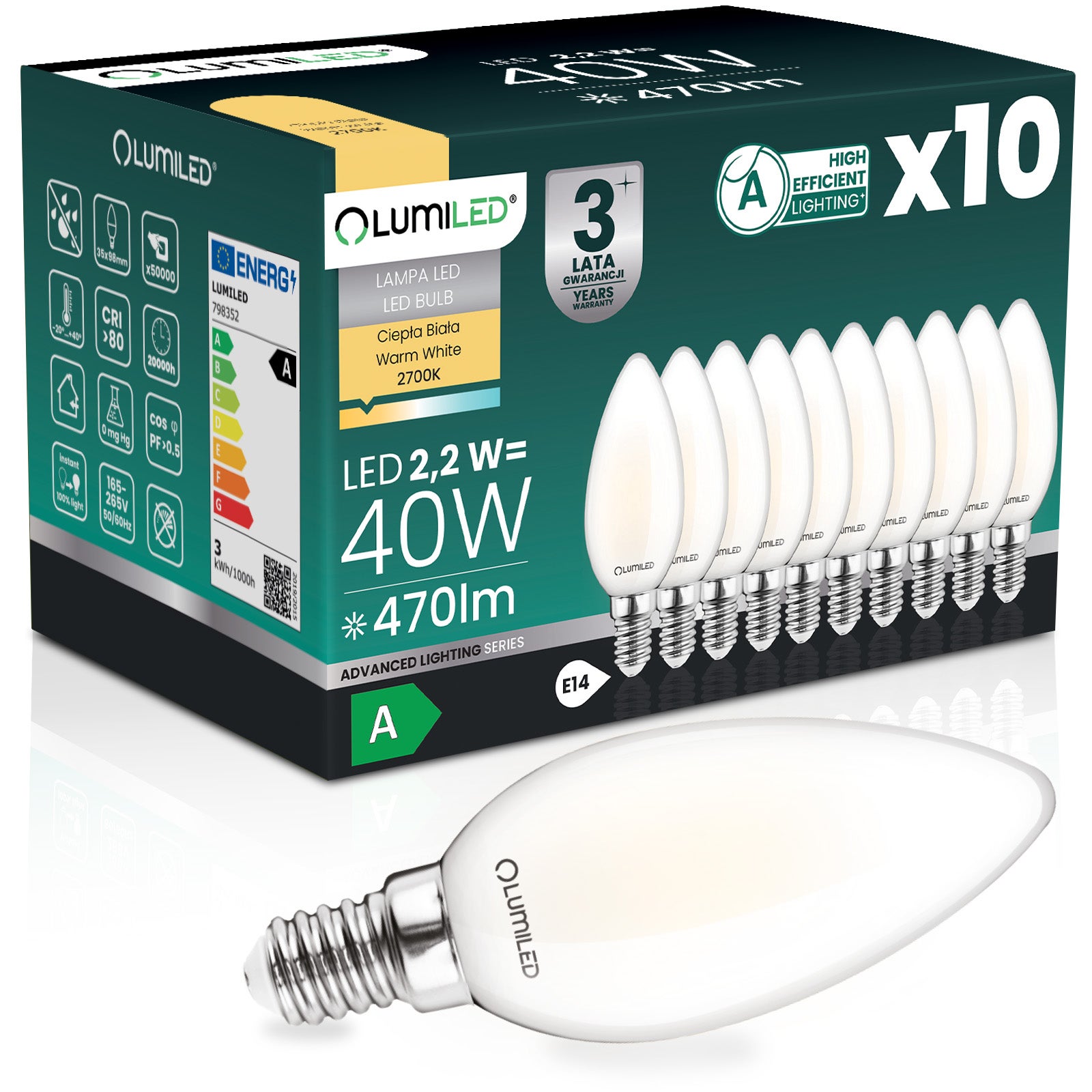 Żarówka LED Lumiled E14 Świeczka B35 2.2W 470lm 2700K Ciepła biel 360st Filament KLASA A 10 szt.