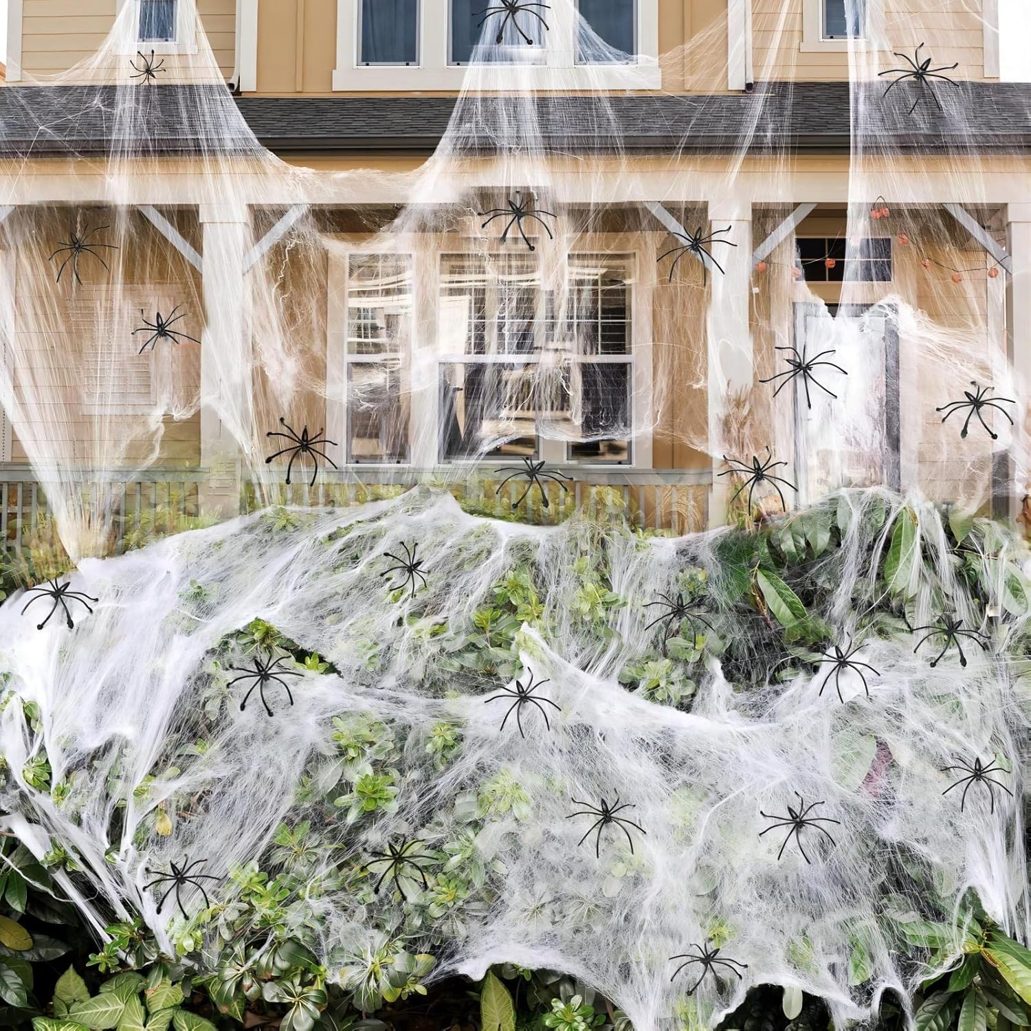 Pajęczyna o powierzchni 1000 m² z 90 realistycznymi pająkami – Bardzo rozciągliwa – Dekoracja na Halloween – Pajęczyna