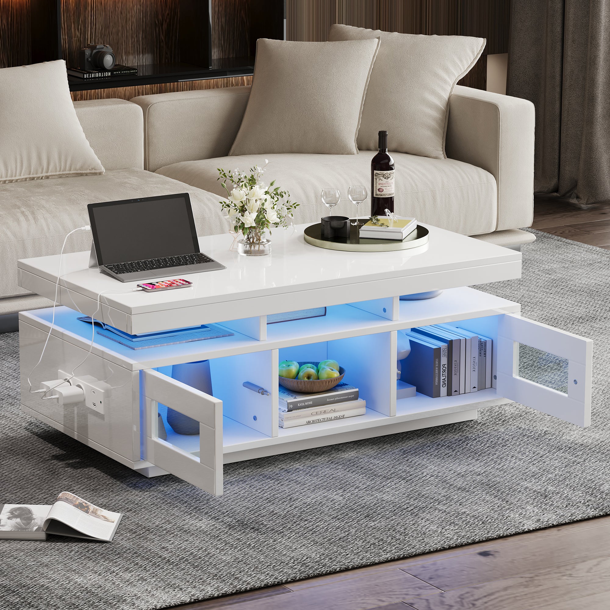 Stolik kawowy biały z połyskiem 100 x 50 x 43 cm, oświetlenie LED RGB sterowane aplikacją, schowki, gniazdo i port USB