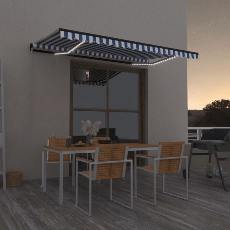 Ręcznie zwijana markiza z LED, 450x350 cm, niebiesko-biała vidaXL