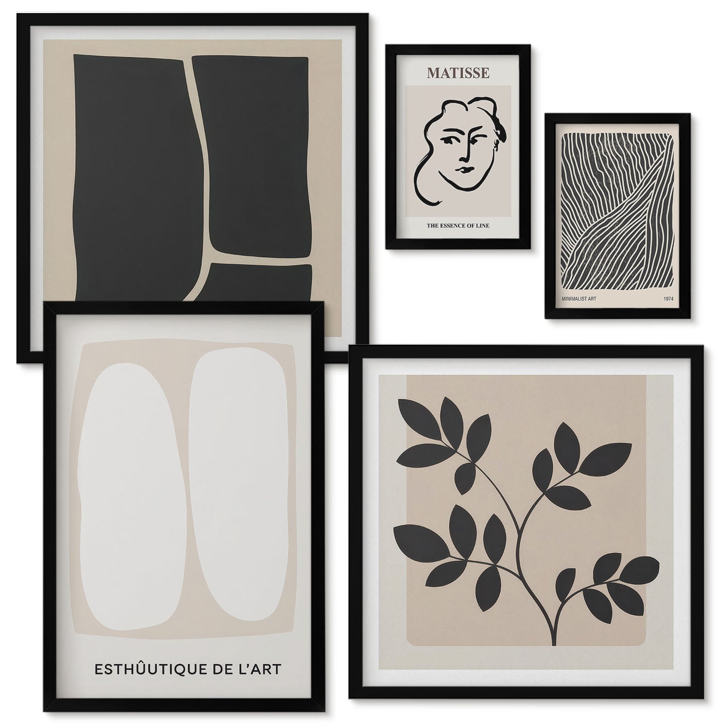 Zestaw obrazów w ramie - 5 części | Stylowe grafiki w minimalistycznym designie z liniami i kształtami | Czarna ramka