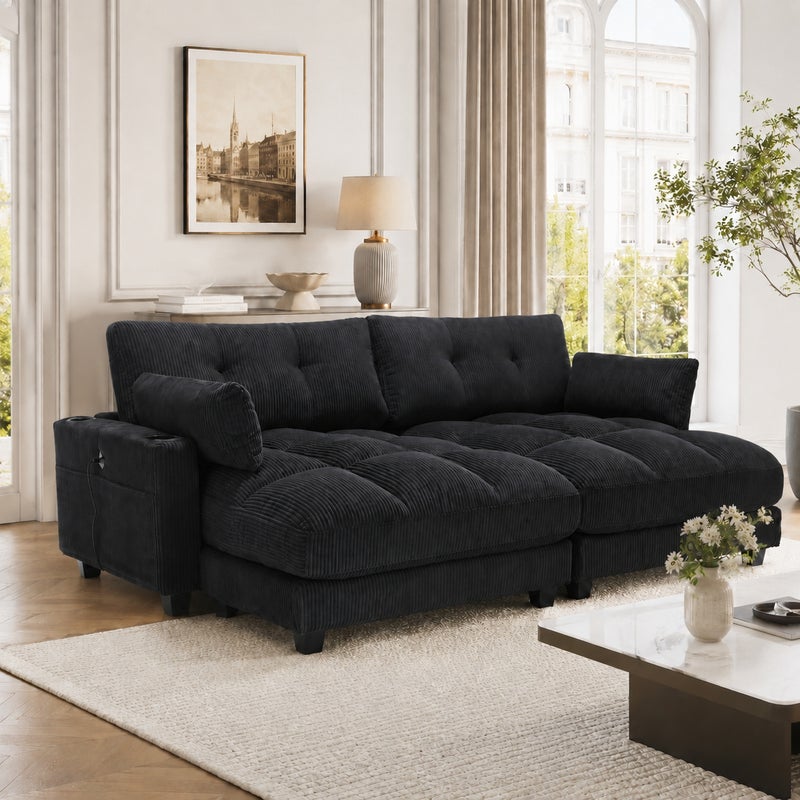 Czarna Sofa Sztruksowa, Modułowa Sofa 2-Osobowa z Portem USB, Uchwytami na Kubki i Kieszeniami Bocznymi do Salonu