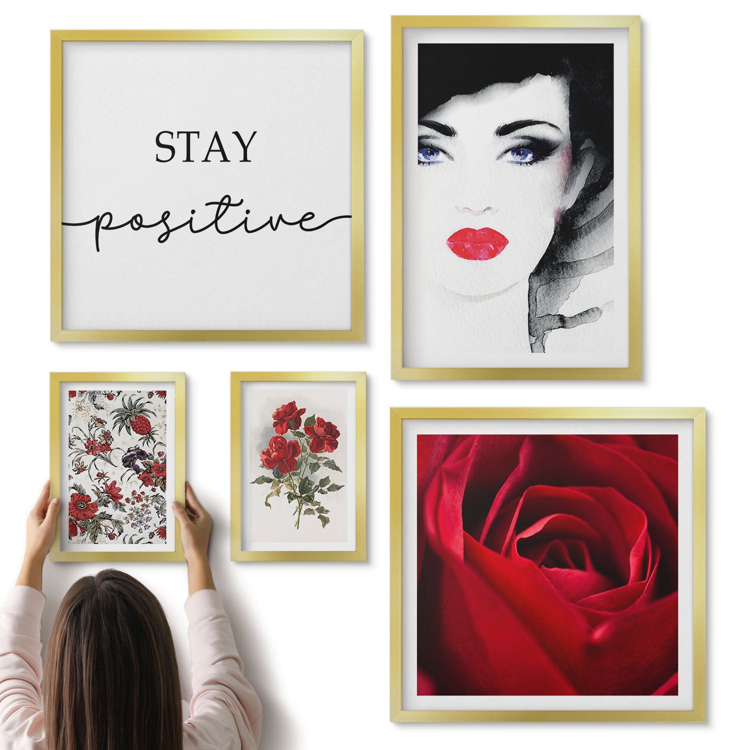 Galeria ścienna 5-częściowy komplet obrazów w złotych ramach - Kobiece portrety i kwiatowe motywy w stylu vintage - ArtPrintCave