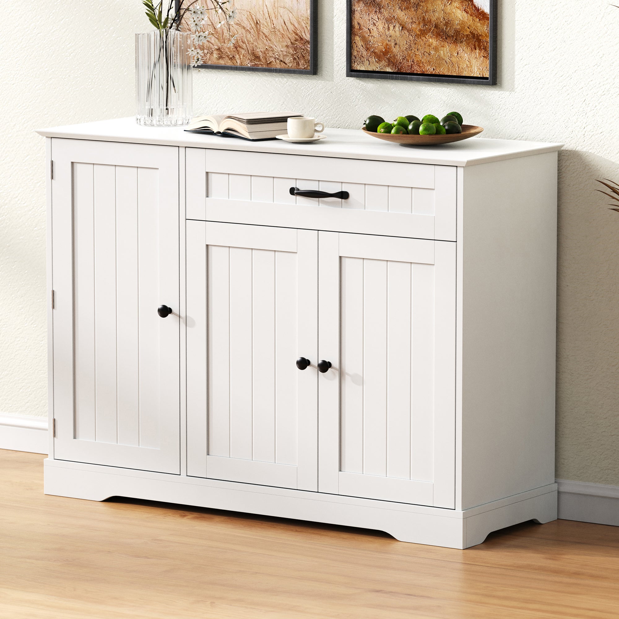 Nowoczesny buffet 107x40x83.4cm - z 3 frontami i 1 szufladą - z regulowanymi półkami - Biały
