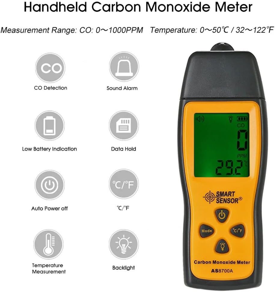 Inteligentny czujnik tlenku węgla AS8700A, analizator CO 1000 ppm, cyfrowy detektor wycieku CO, detektor tlenku węgla