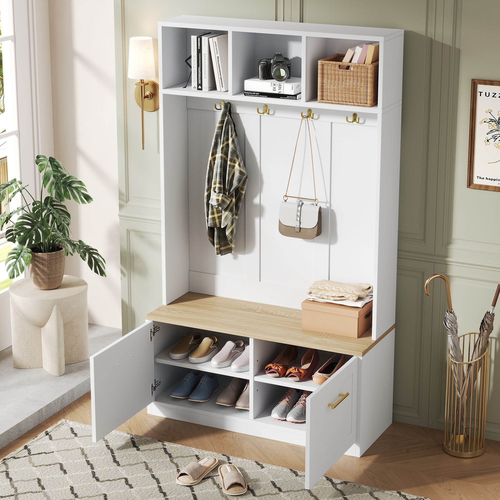 Zestaw szafek na buty z ławką, 2 drzwiami i 4 wieszakami - 105 x 40 x 180 cm - Płyta wiórowa + MDF - Kolor biały