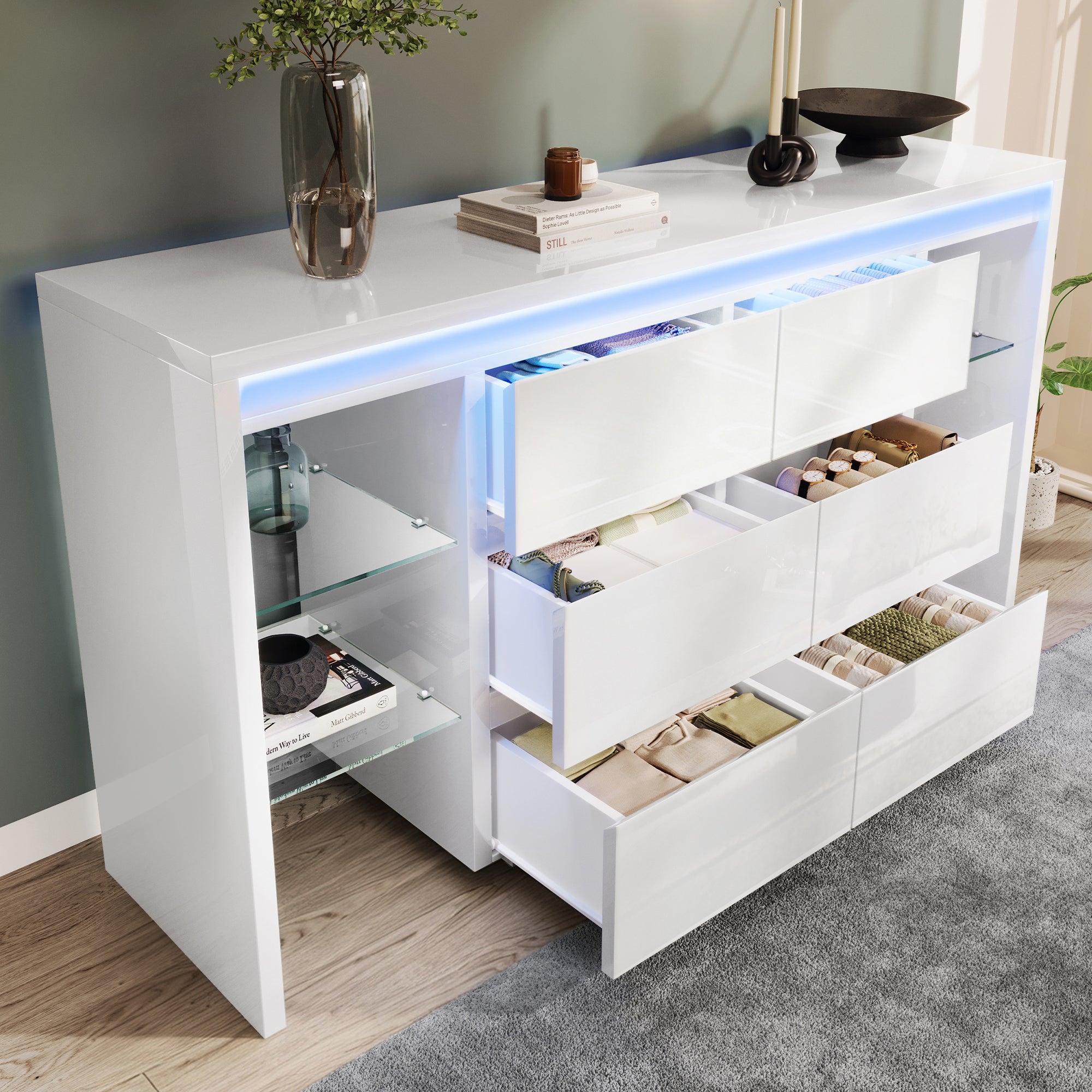 Nowoczesny bufet 155x40x80 cm - z oświetleniem LED - z 6 szufladami - 4 szklane półki - powierzchnia wysoko połyskująca - biały