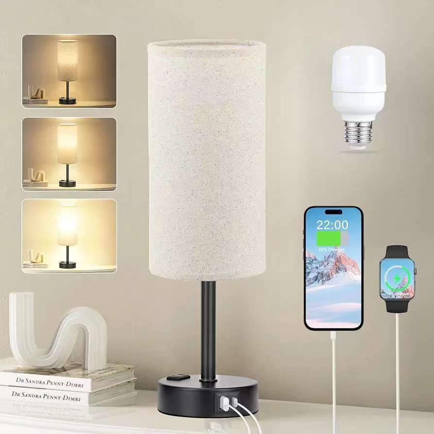 Lampka nocna z trzystopniową regulacją oświetlenia dotykowego, portem ładowania USB-C i wtyczką sieciową, okrągły klosz lniany (czarny)