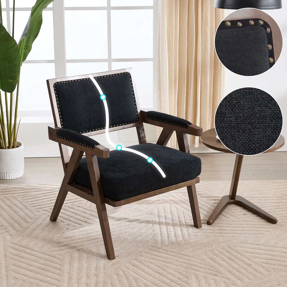 Fotel wypoczynkowy z tkaniny w stylu Mid-Century Modern z podłokietnikami i drewnianą ramą do salonu, sypialni, biura