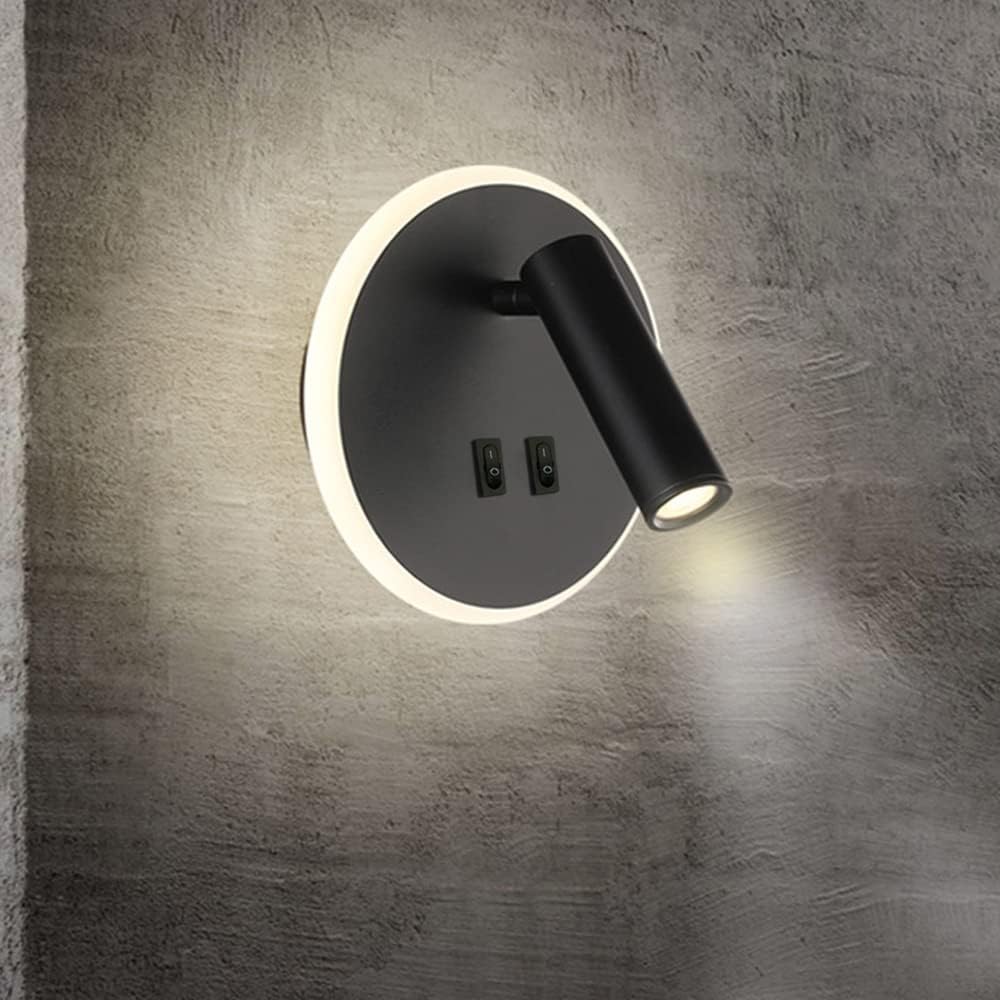 Czarna okrągła lampka nocna LED, regulowany reflektor, lampka do czytania ze stopu aluminium, ciepłe światło 3000K (3W + 8W)
