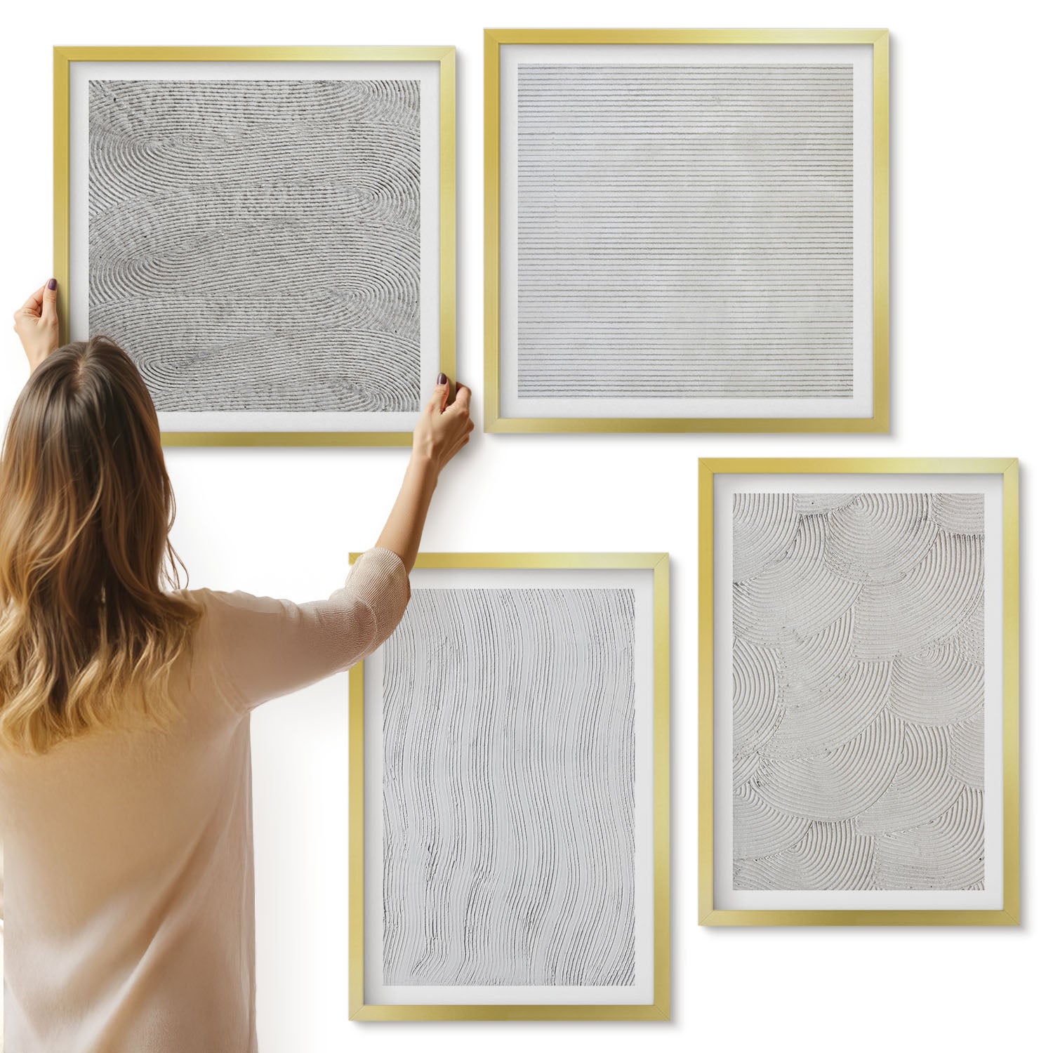 Galeria ścienna 4-częściowy komplet obrazów w złotych ramach - Wzory na piasku linearne struktury geometryczne - ArtPrintCave