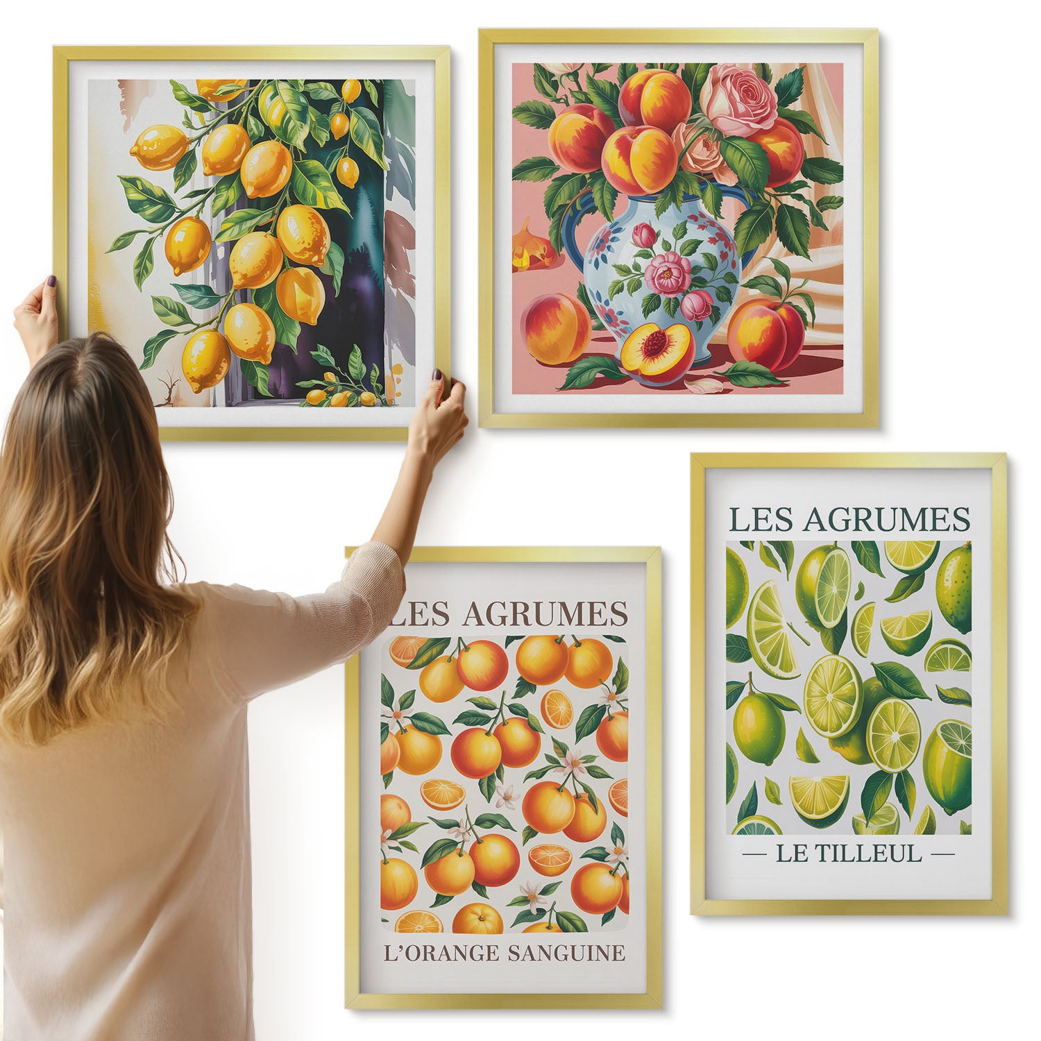 Galeria ścienna 4-częściowy komplet obrazów w złotych ramach - Cytrusy w różnych odsłonach kolorowych i świeżych - ArtPrintCave