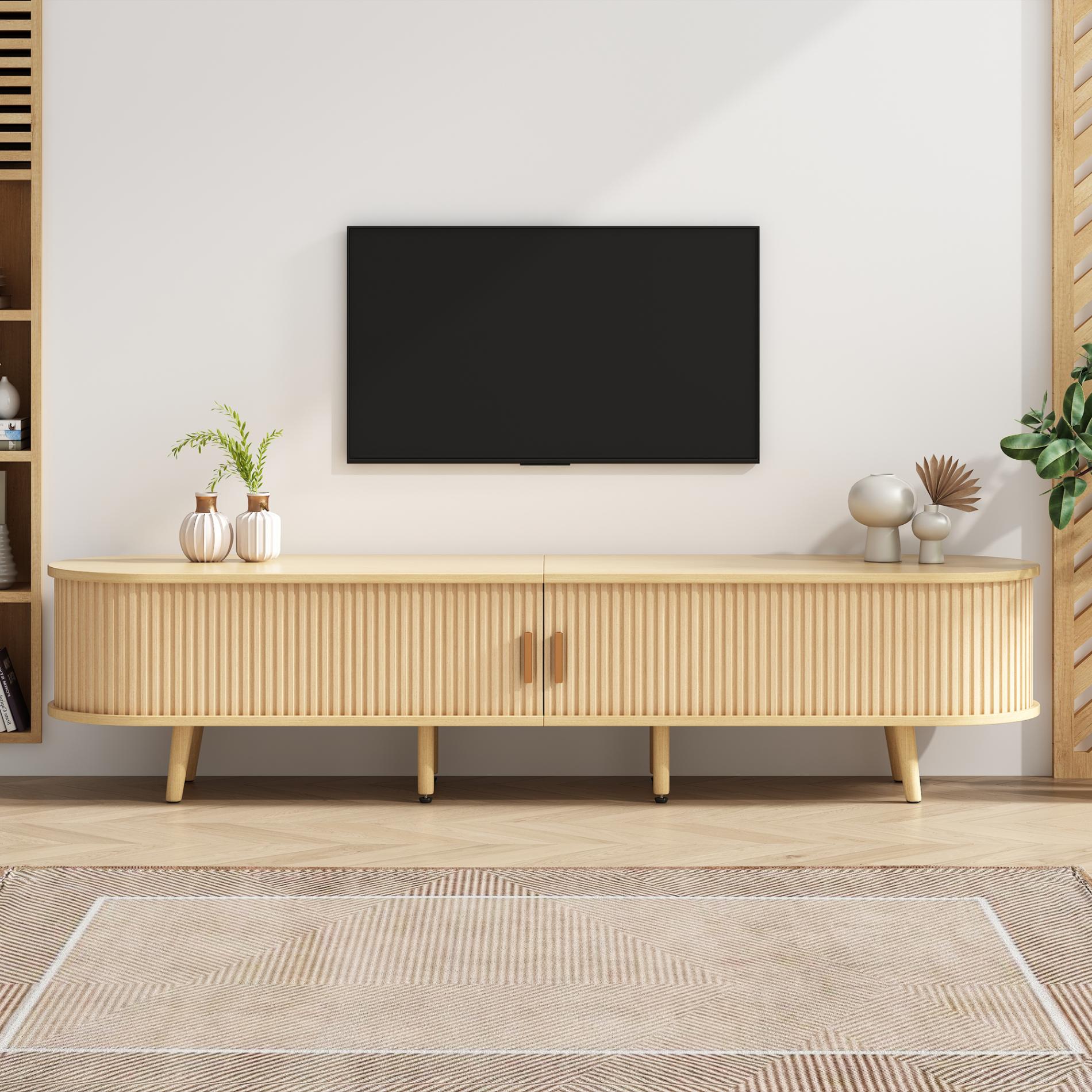 Meble pod telewizor z drewna MDF z miejscem do przechowywania, 2 szufladami, przesuwanymi drzwiami i regulowanymi nóżkami – 175 cm