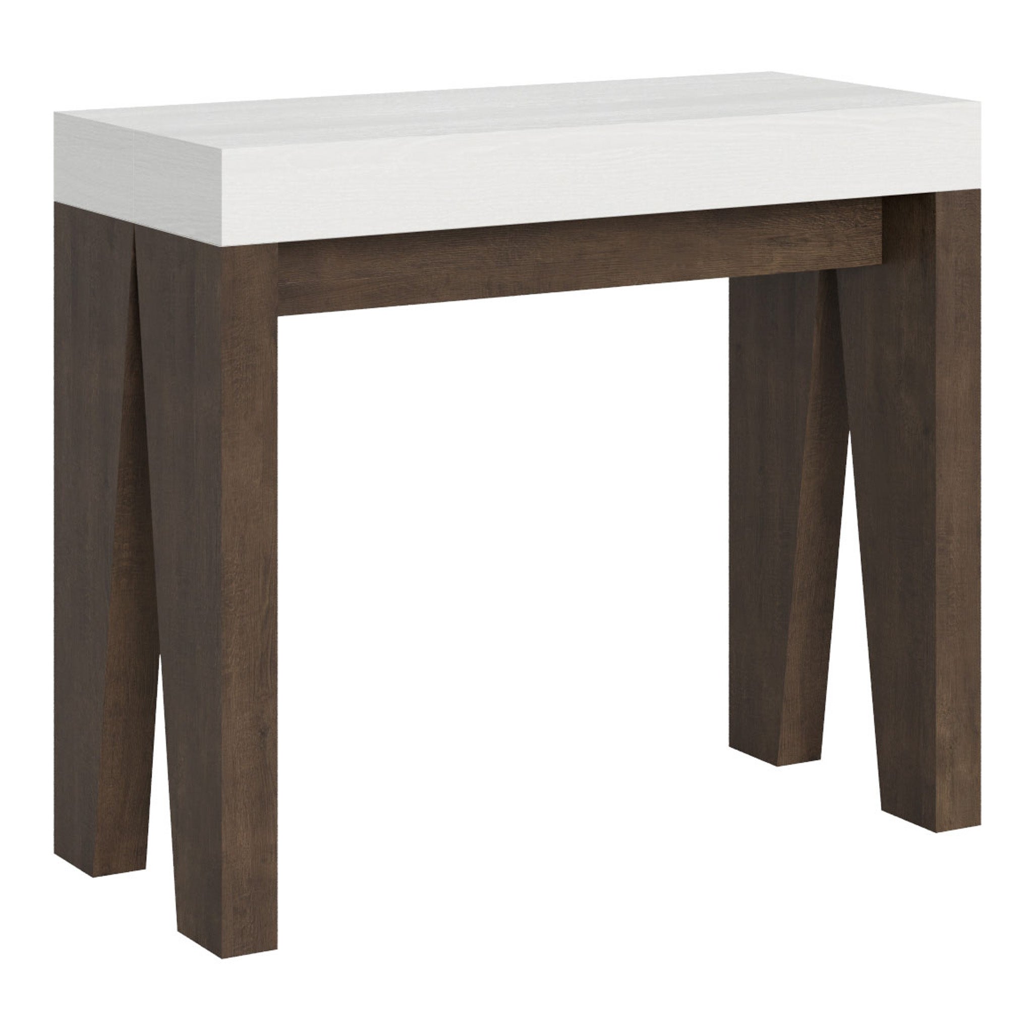 Mesa consola Naxy Mix con tablero de fresno blanco y estructura de nogal, 300 cm