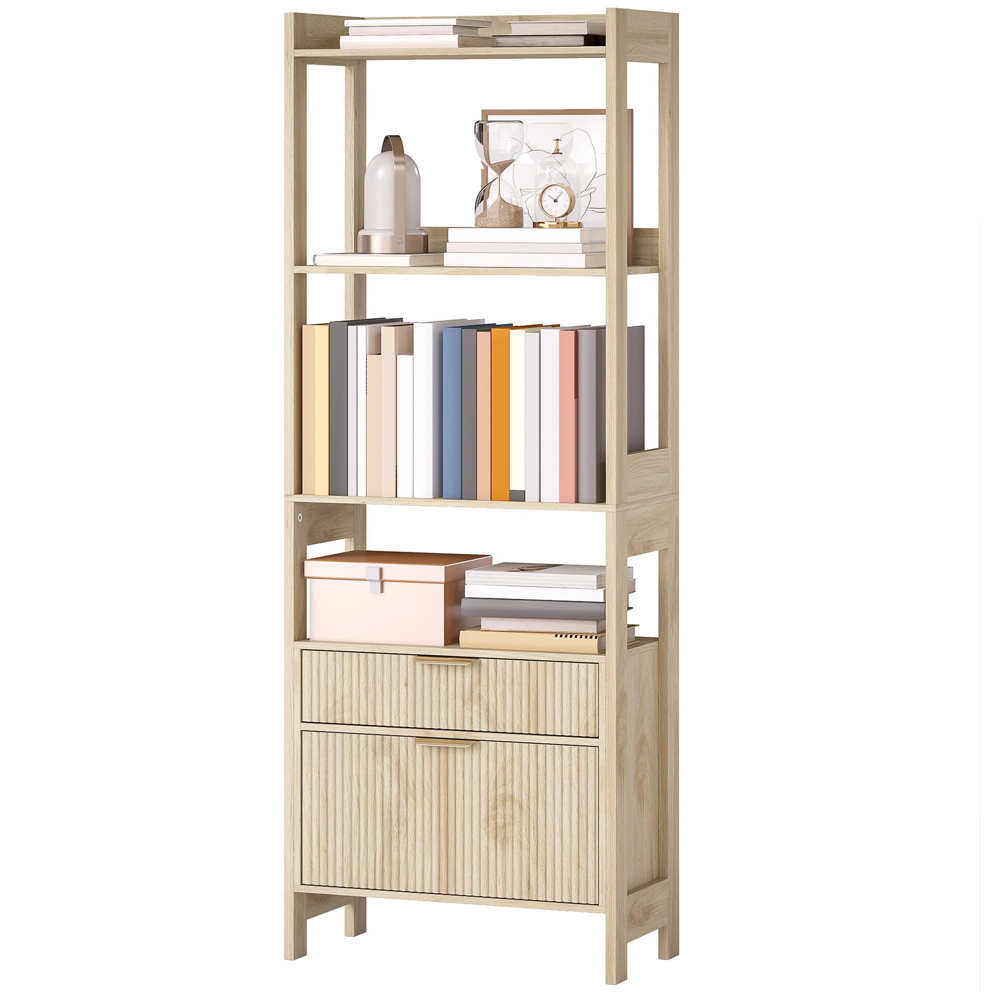 Wysoka biblioteczka, jednostka do przechowywania z 4 otwartymi półkami i 2 żłobionymi szufladami, 60 x 30 x 160 cm, drewno naturalne