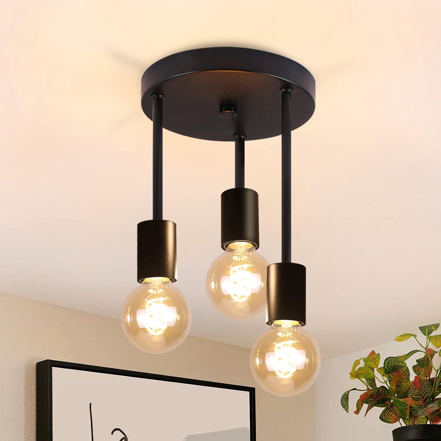 Lampa sufitowa w stylu vintage w kolorze czarnym - lampa wisząca E27 z 3 punktami, lampa sufitowa w stylu industrialnym, reflektorki sufitowe do jadal