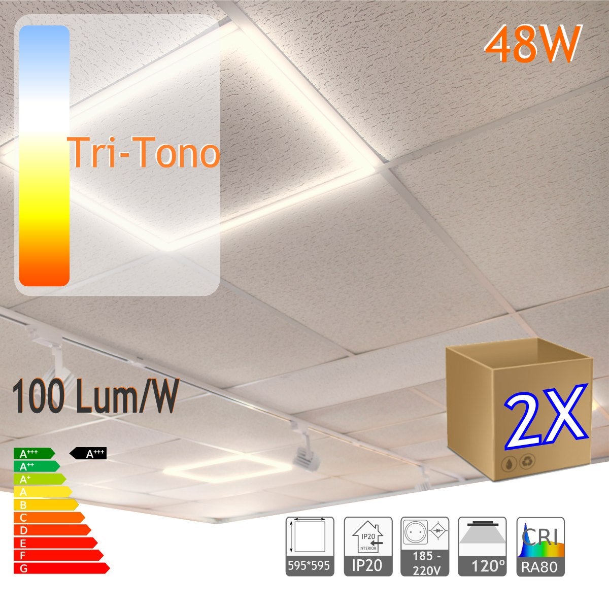 Opakowanie 2x Kwadratowa rama oświetleniowa LED 60x60cm Tricolour 6000-4000-3000K, 48W 4800 Lumen. Fałszywy sufit 60x60 Led Panel