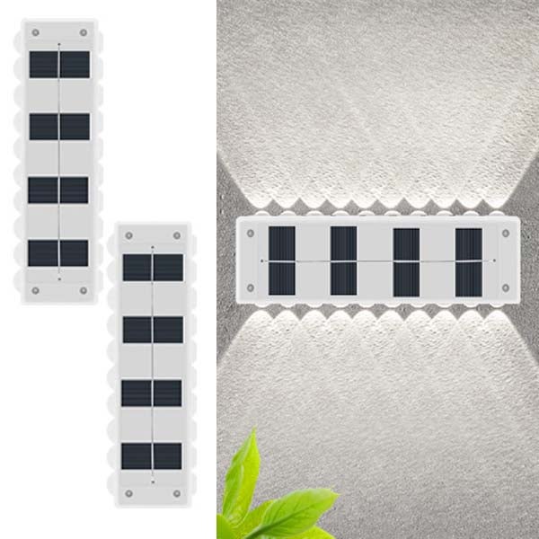 2 szt. Lampy solarne o designerskim wyglądzie - 20 LED, białe światło, projektor góra/dół, wodoodporność IP65, do eleganckiej dekoracji zewnętrznej