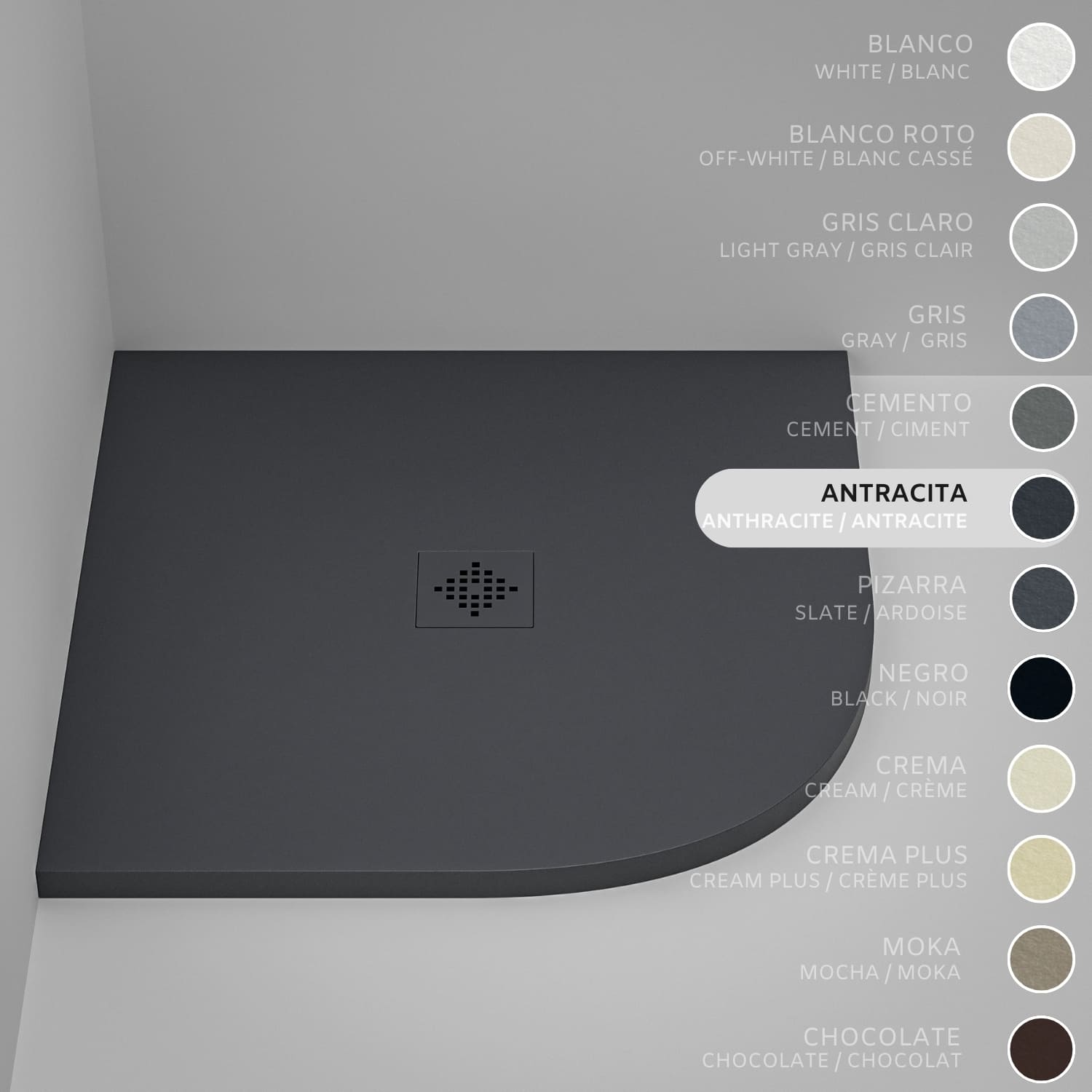 Brodzik półokrągły SOULHOME Żywica i Konglomerat Mineralny Antypoślizgowy 80x80 cm Antracyt - Kratka ten sam kolor