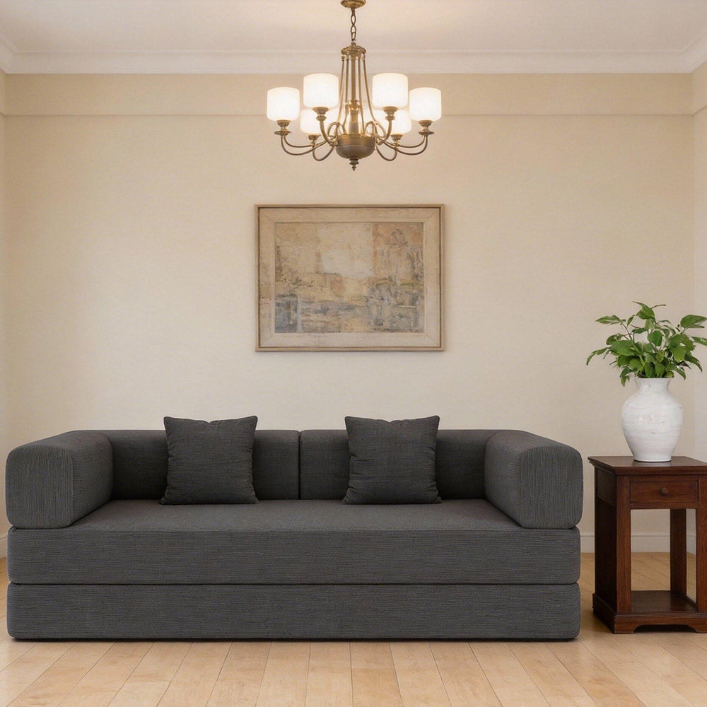 Rozkładana sofa z poduszkami w kształcie walców, rozkładana sofa z aksamitu prążkowanego ze stałą konstrukcją, sofa z regulowanym oparciem, szara