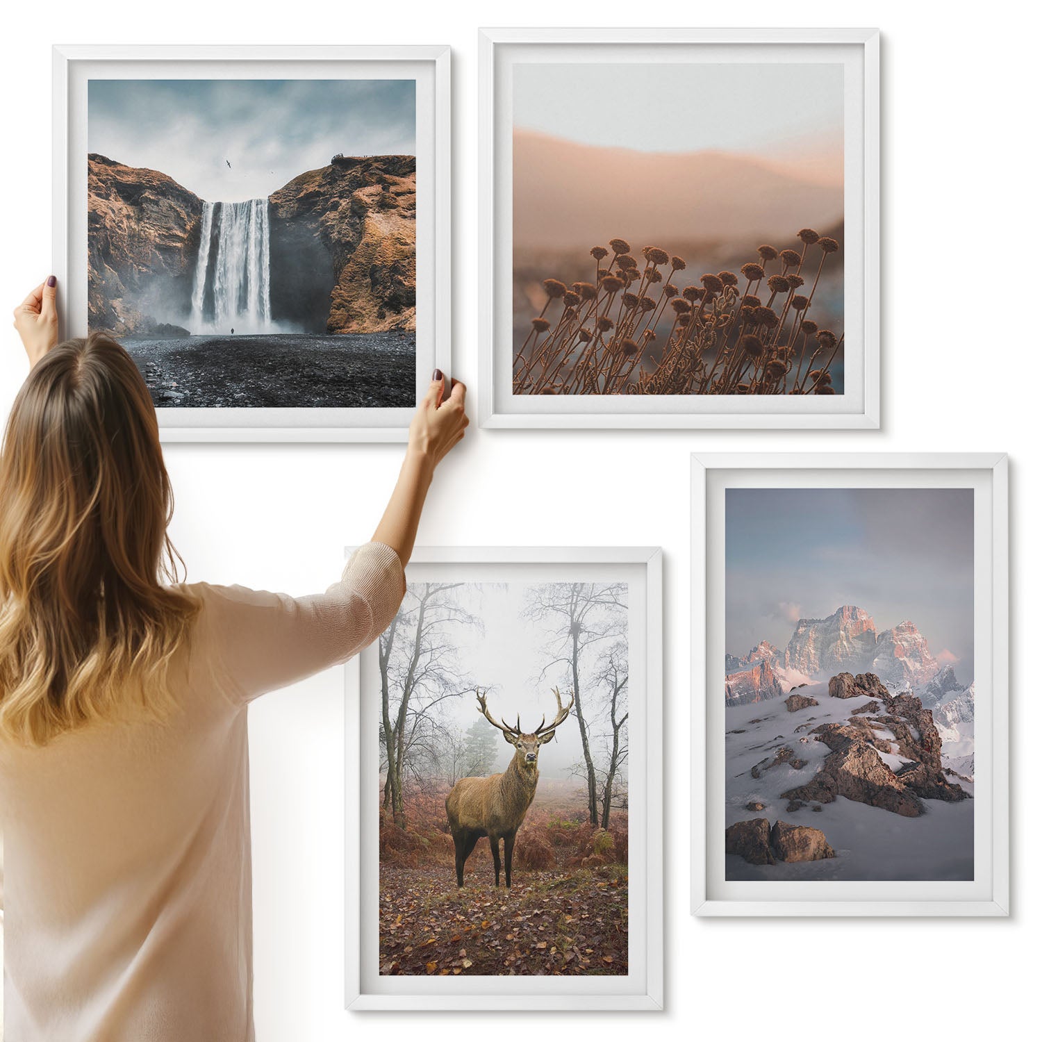Galeria ścienna 4-częściowy komplet obrazów w białych ramach - Naturalne dzikie krajobrazy góry jelenie i wodospady - ArtPrintCave
