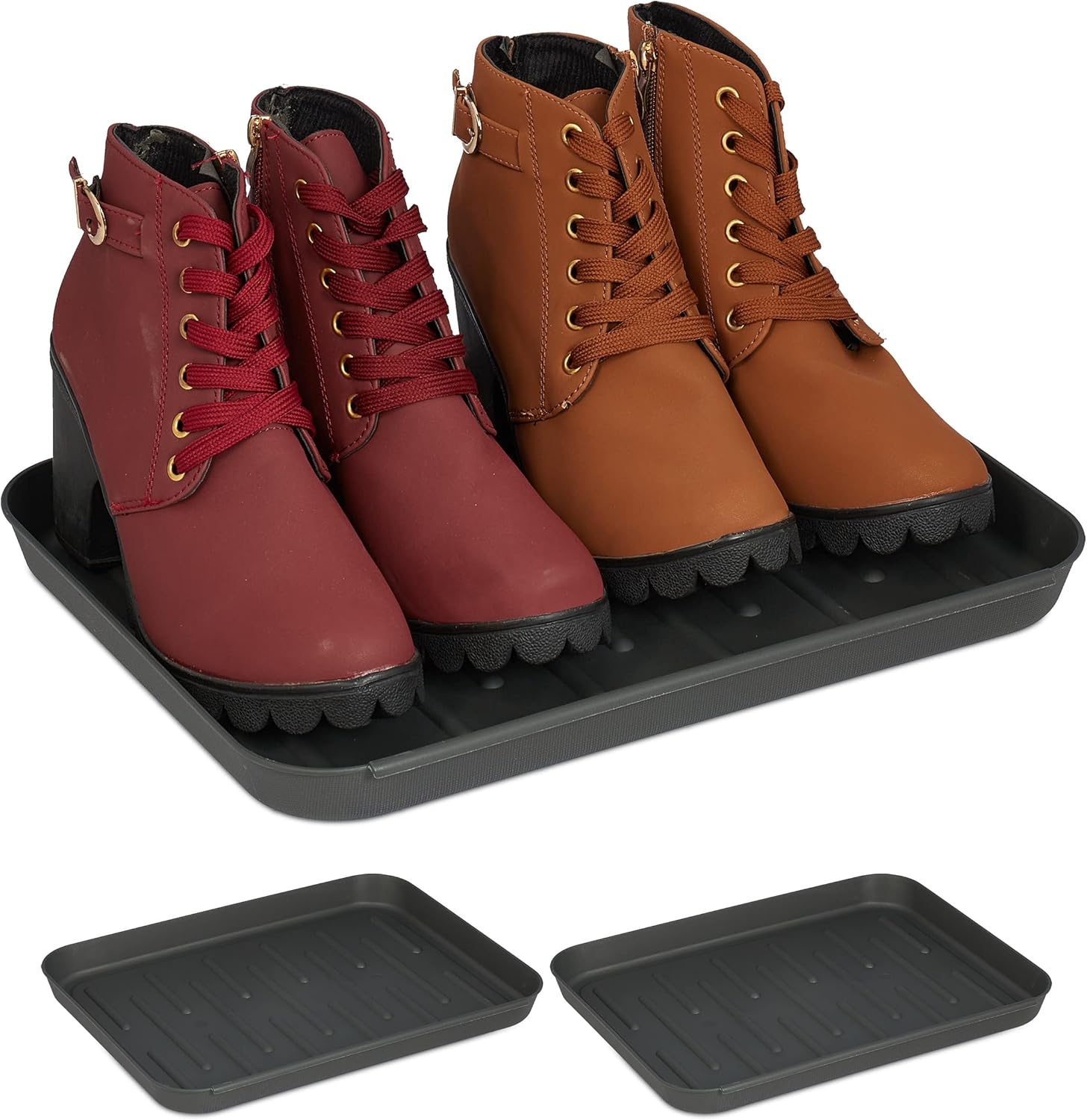 Tacki na buty, zestaw 3 szt., uchwyty na mokre buty, wys. x szer. x gł.: 3 x 35 x 27 cm, tacki plastikowe
