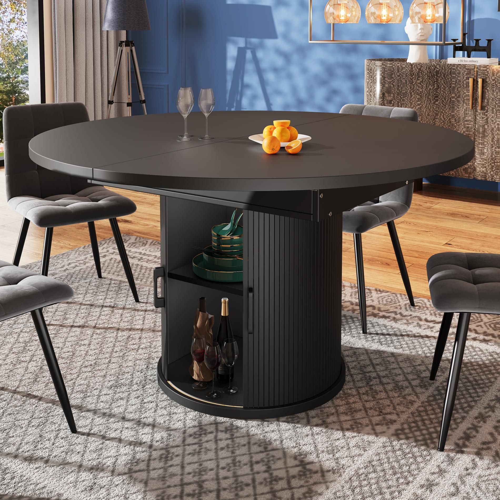 Rozkładany okrągły stół z drewna orzechowego – 118–158 cm, elegancki design z miejscem do przechowywania, dla 6 osób, regulowane nóżki