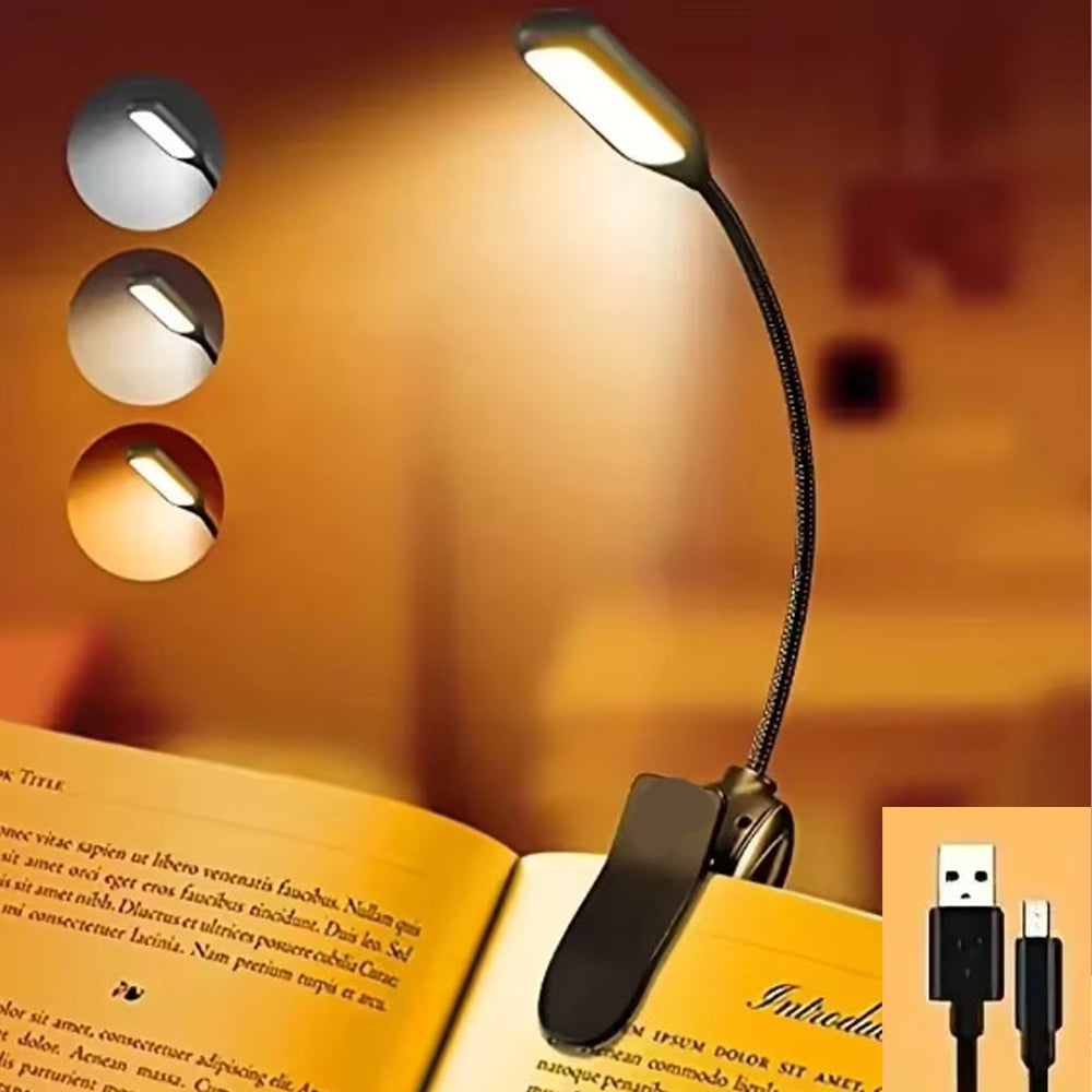 Akumulatorowa lampa do czytania (zimna i ciepła biel), lampa LED z klipsem, płynne przyciemnianie i 3 tryby ochrony oczu, elastyczna w zakresie 360°