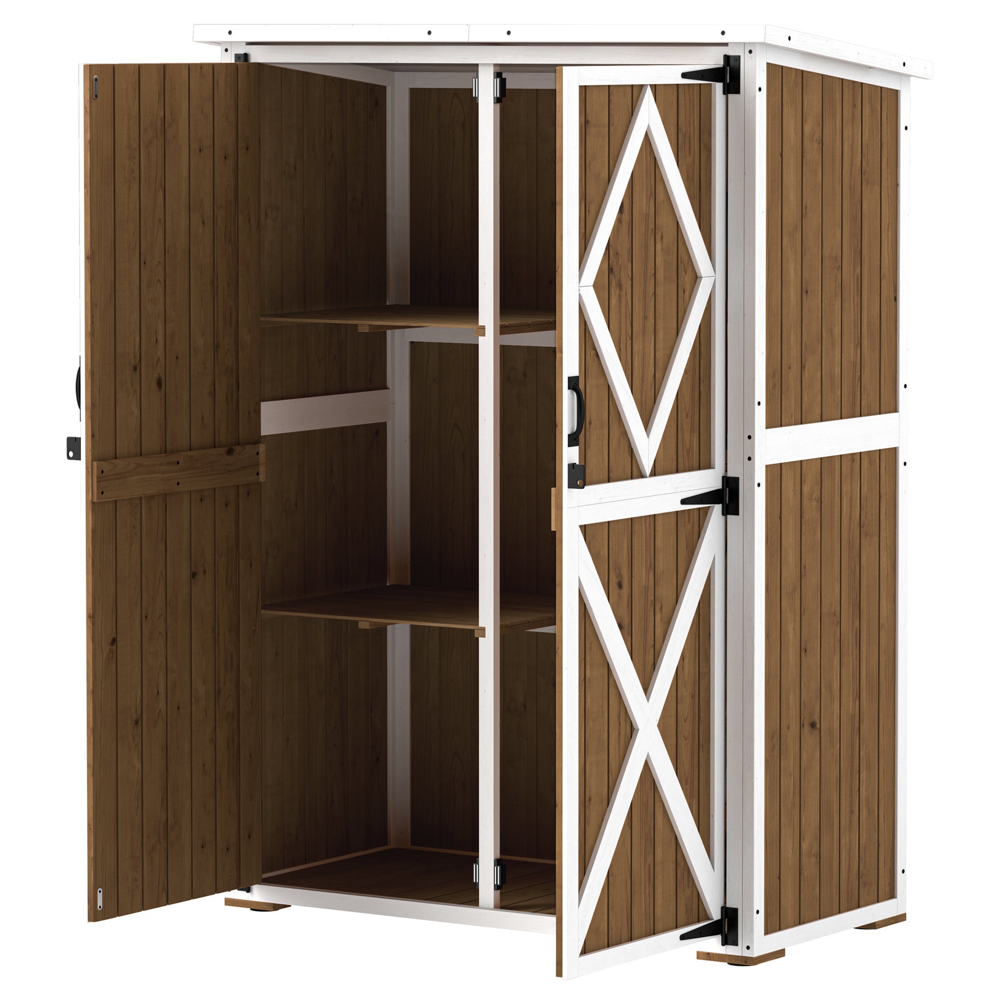 Domek ogrodowa z drewna jodłowego z 2 półkami i 2 drzwiami, 116,5 x 57 x 159/167 cm, brązowo-biały