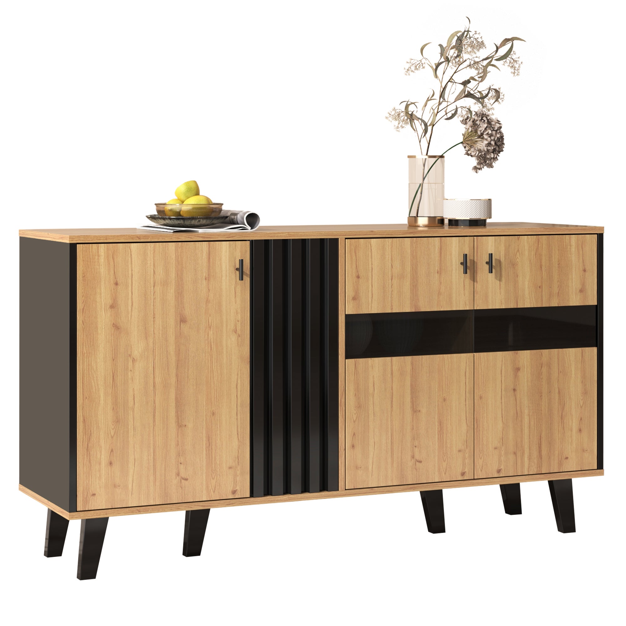 Designerska komoda-140 x 78,5 x 41 cm-kolor drewna i czerni-witryna-z miejscem do przechowywania-w pasujących kolorach