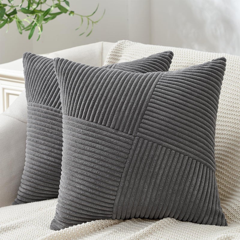Zestaw 2 Poszewek na Poduszki Welur Wzór Geometryczny Patchwork Paski Sofa Salon Ciemny Szary 45x45 cm