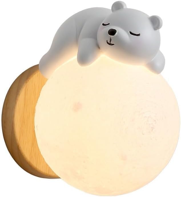 Nowoczesna lampa ścienna do pokoju dziecięcego, design nordycki, uroczy wzór z motywem kreskówkowym z królikami, księżycami i kulistymi kształtami.