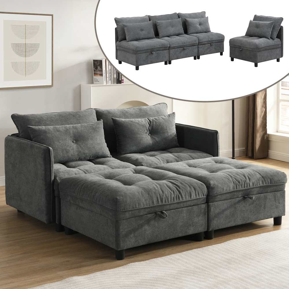 Modułowa sofa 4-osobowa z oddzielnymi siedzeniami, schowkiem pod poduszkami, rozkładanym łóżkiem, tkaniną szenilową, elastycznym salonem