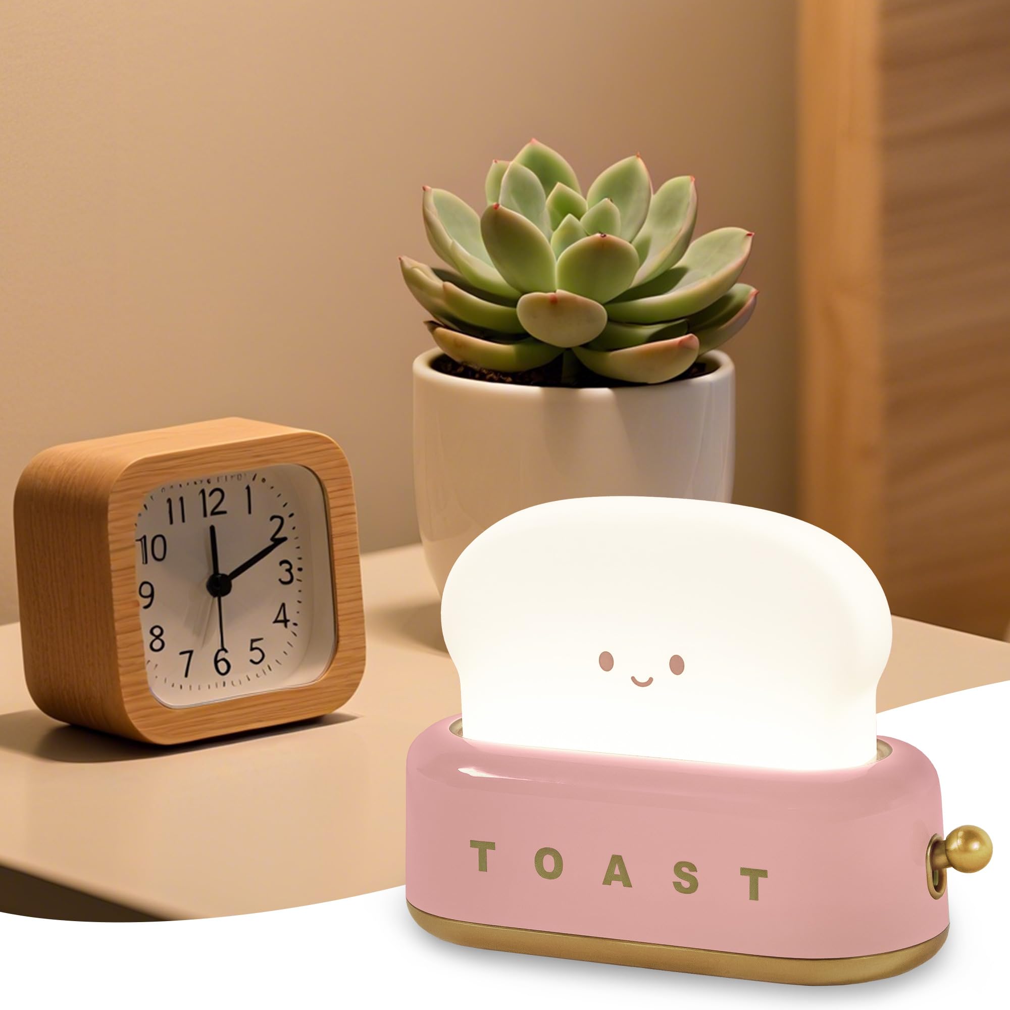 Lampka nocna dla niemowląt, Toast LED Akumulatorowa lampka nocna dla dzieci, Lampka nocna dla dzieci z regulacją jasności i funkcją timera - Różowa