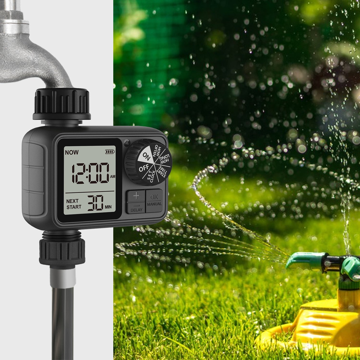 Zegar nawadniający z opóźnieniem deszczu/trybem automatycznym i ręcznym, wodoodporność IPX5/duży ekran LCD, zegar nawadniający do ogrodu i trawnika (