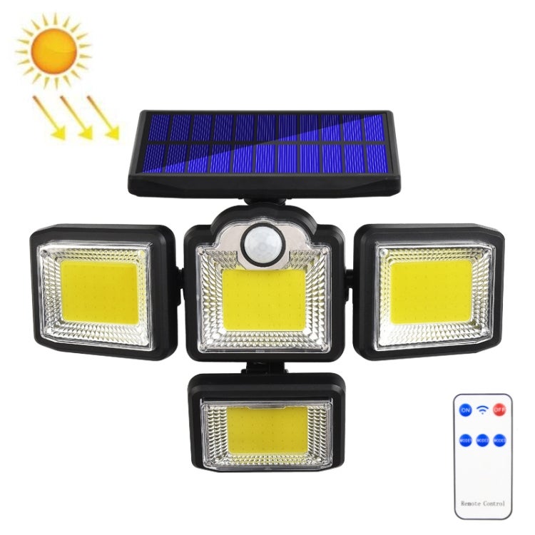 Czterogłowicowa lampa solarna zewnętrzna z pilotem, indukcyjnym kinkietem i czujnikiem ruchu