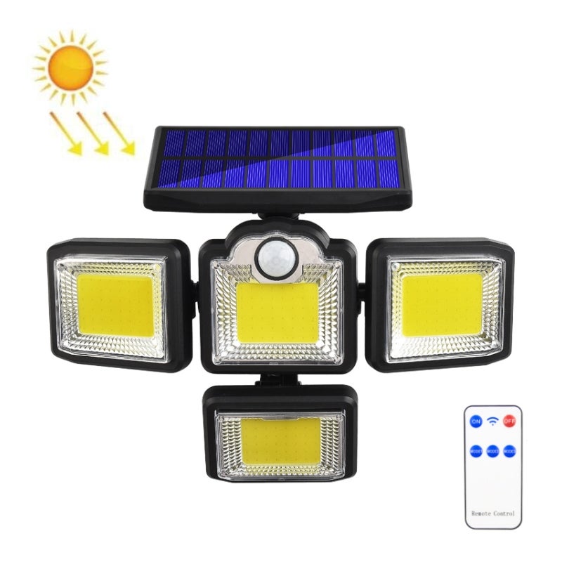 Czterogłowicowa lampa solarna zewnętrzna z pilotem, indukcyjnym kinkietem i czujnikiem ruchu