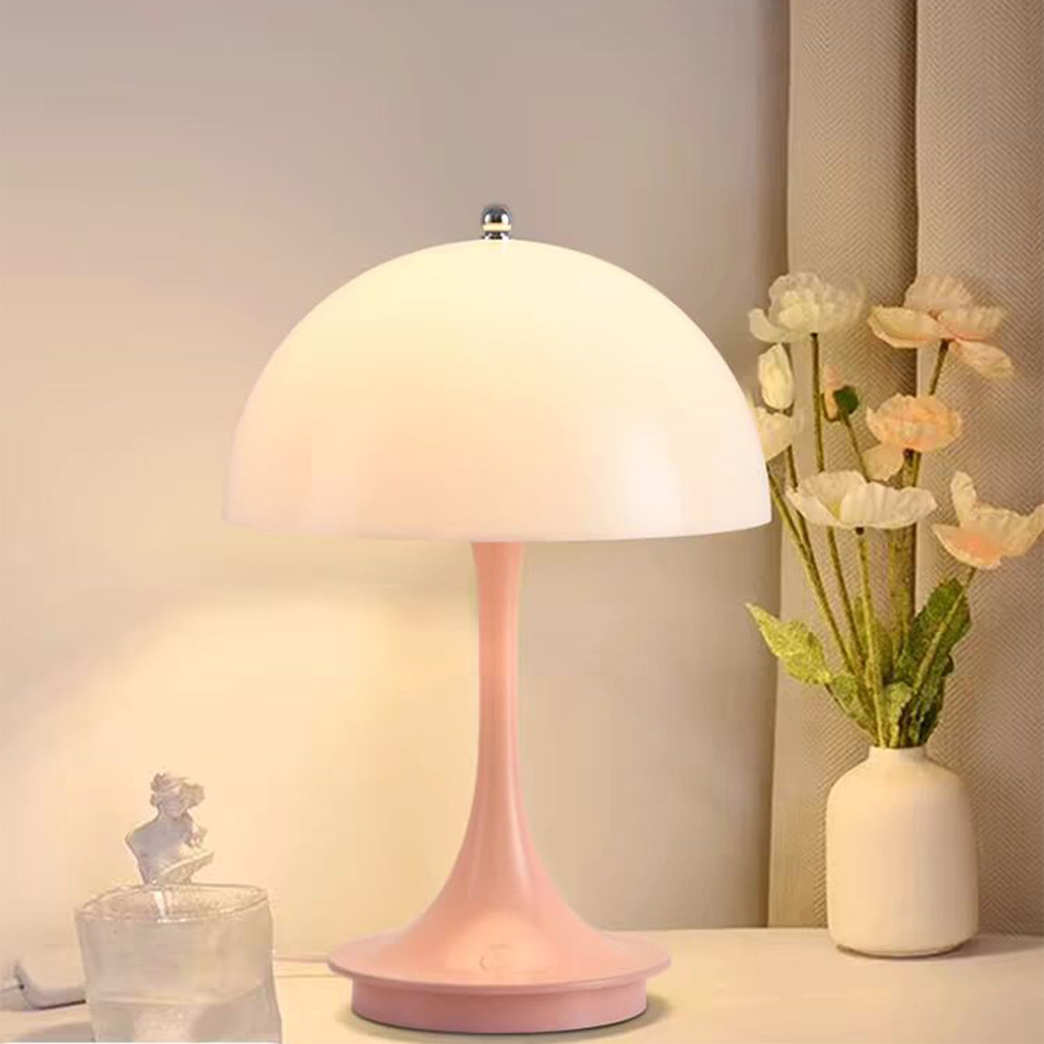 Lampa stołowa grzybek, lampka nocna z regulacją jasności w 3 kolorach, bezprzewodowa lampa stołowa grzybek z przyciskiem dotykowym (różowa)
