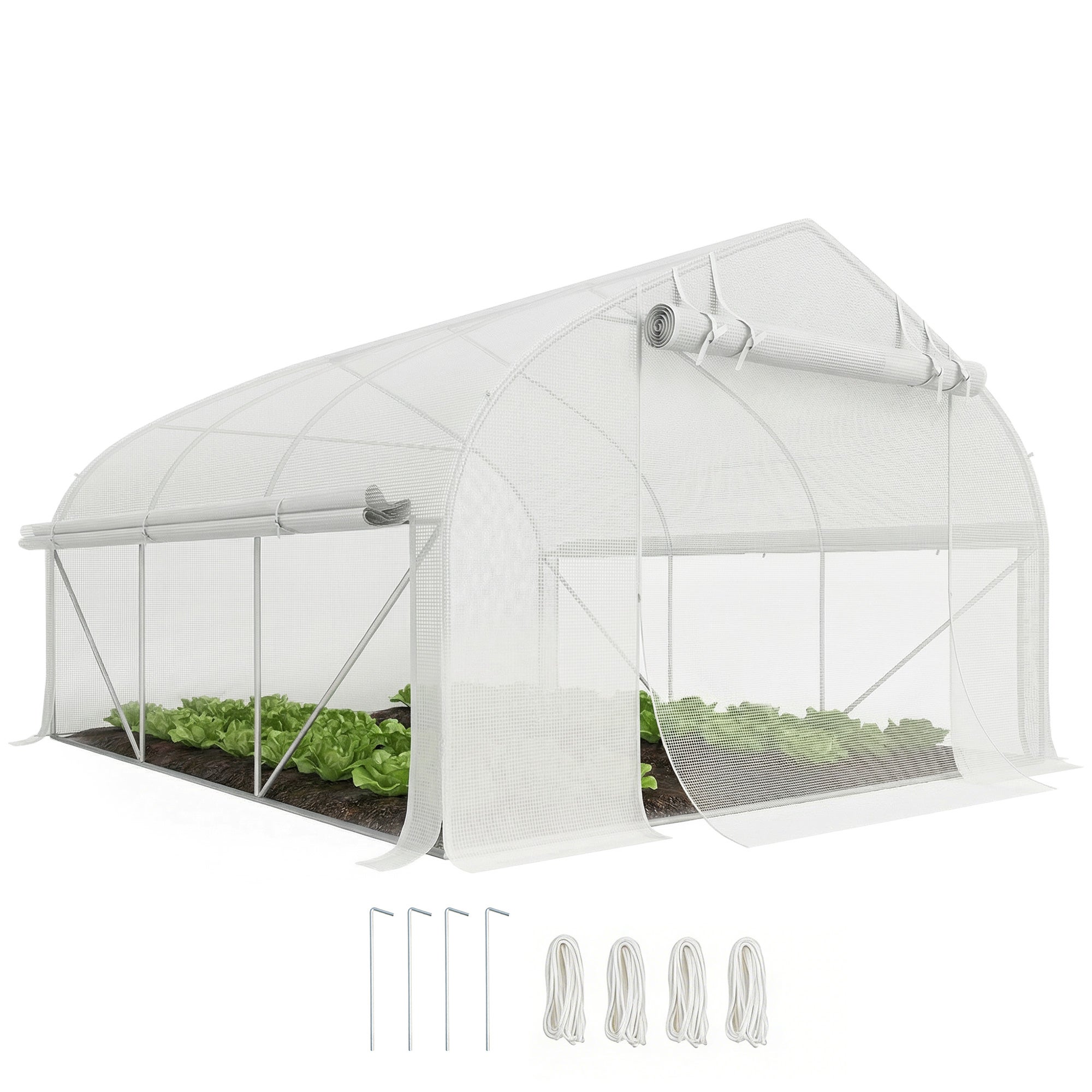 Szklarnia tunelowa o powierzchni 10,4 m², odporna na promieniowanie UV, z drzwiami zwijanymi na suwak i oknami z siatki, 350 x 300 x 200 cm, biała