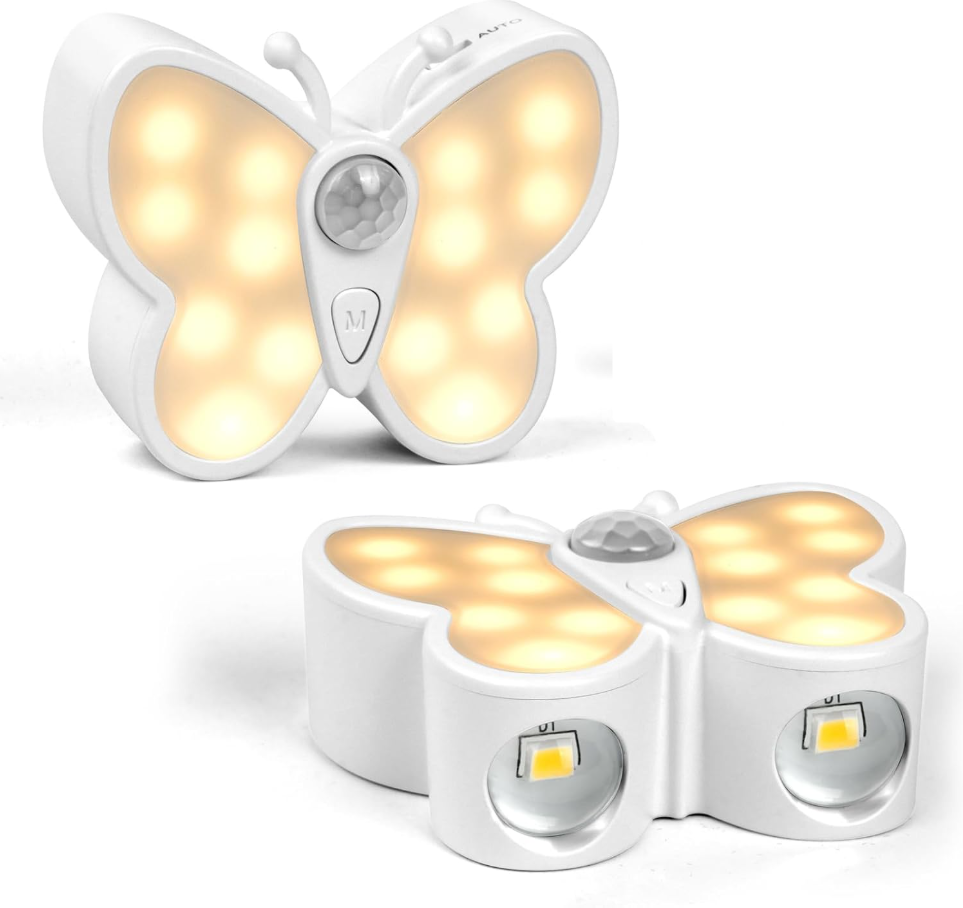 Lampka nocna LED z czujnikiem ruchu, 2 szt. lampek motylkowych ładowanych przez USB, bezprzewodowa, magnetyczna, 3 kolory i regulowana jasność, oświet
